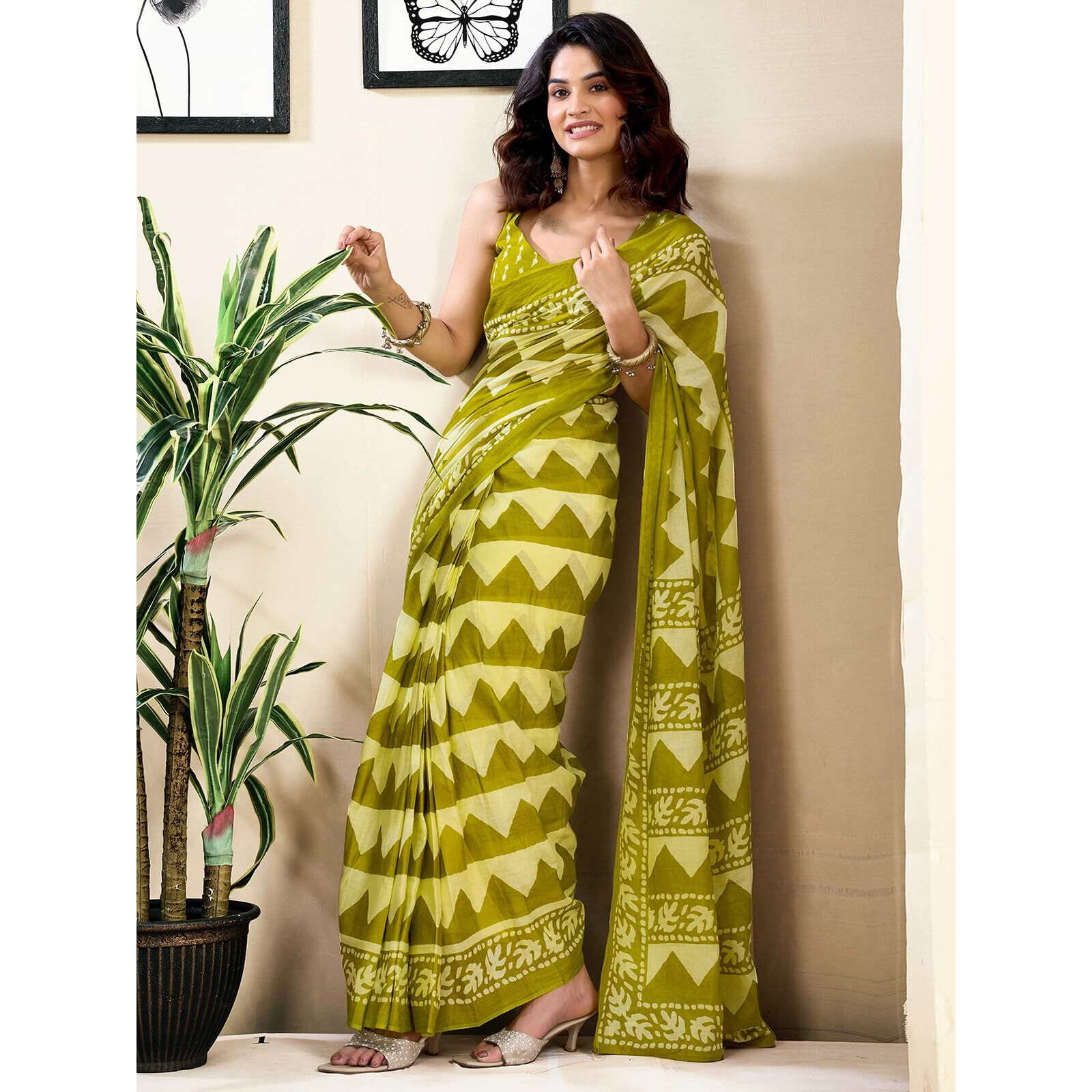 Satrani Women's Pure Cotton Printed Ready To Wear Saree With Pocket And Unstitched Blouse Piece (40Rs154_Green)