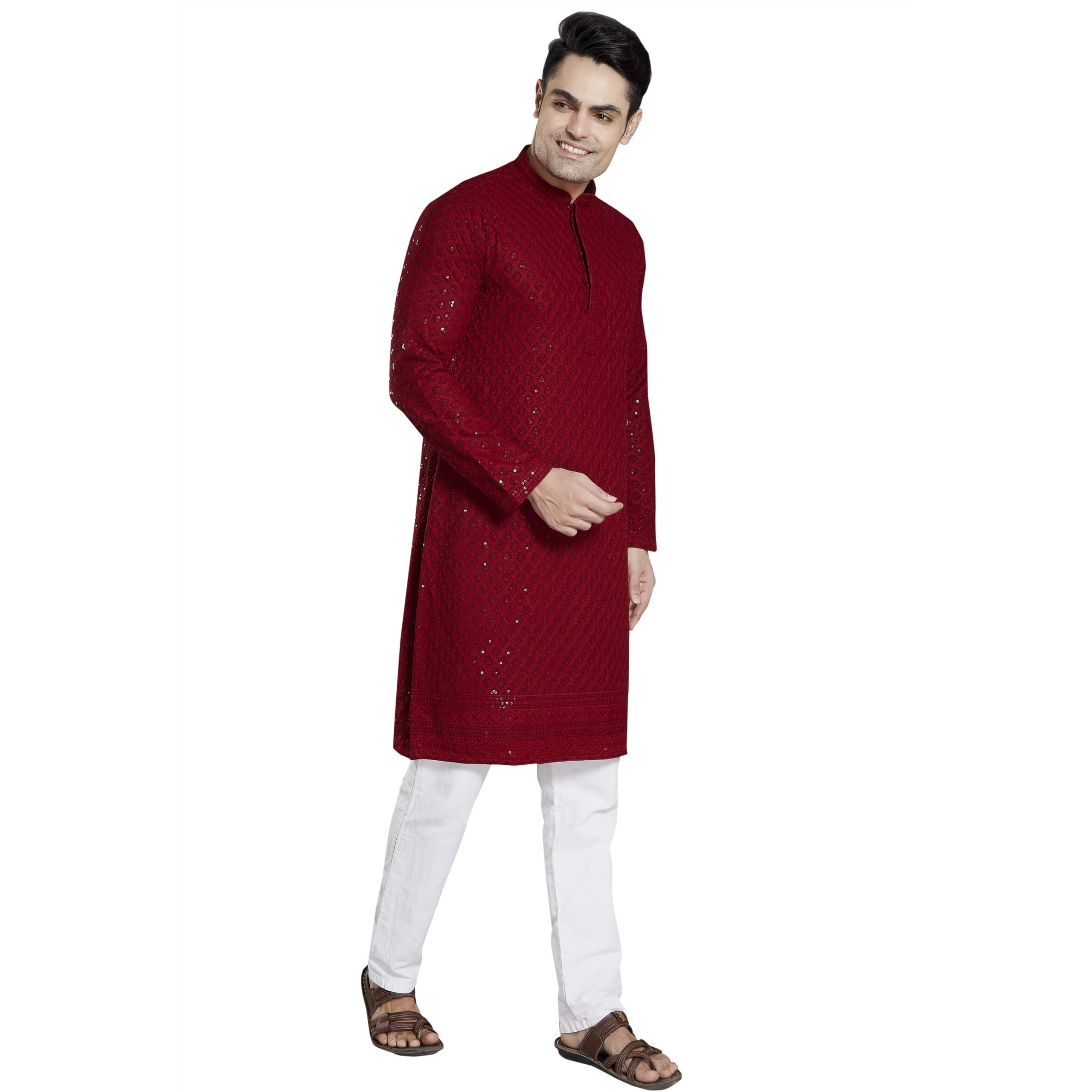 Divisive Men's Sequince Embroidered Cotton Blend Slim Fit Kurta Pyjama Set (Dkrt22_M_Maroon)