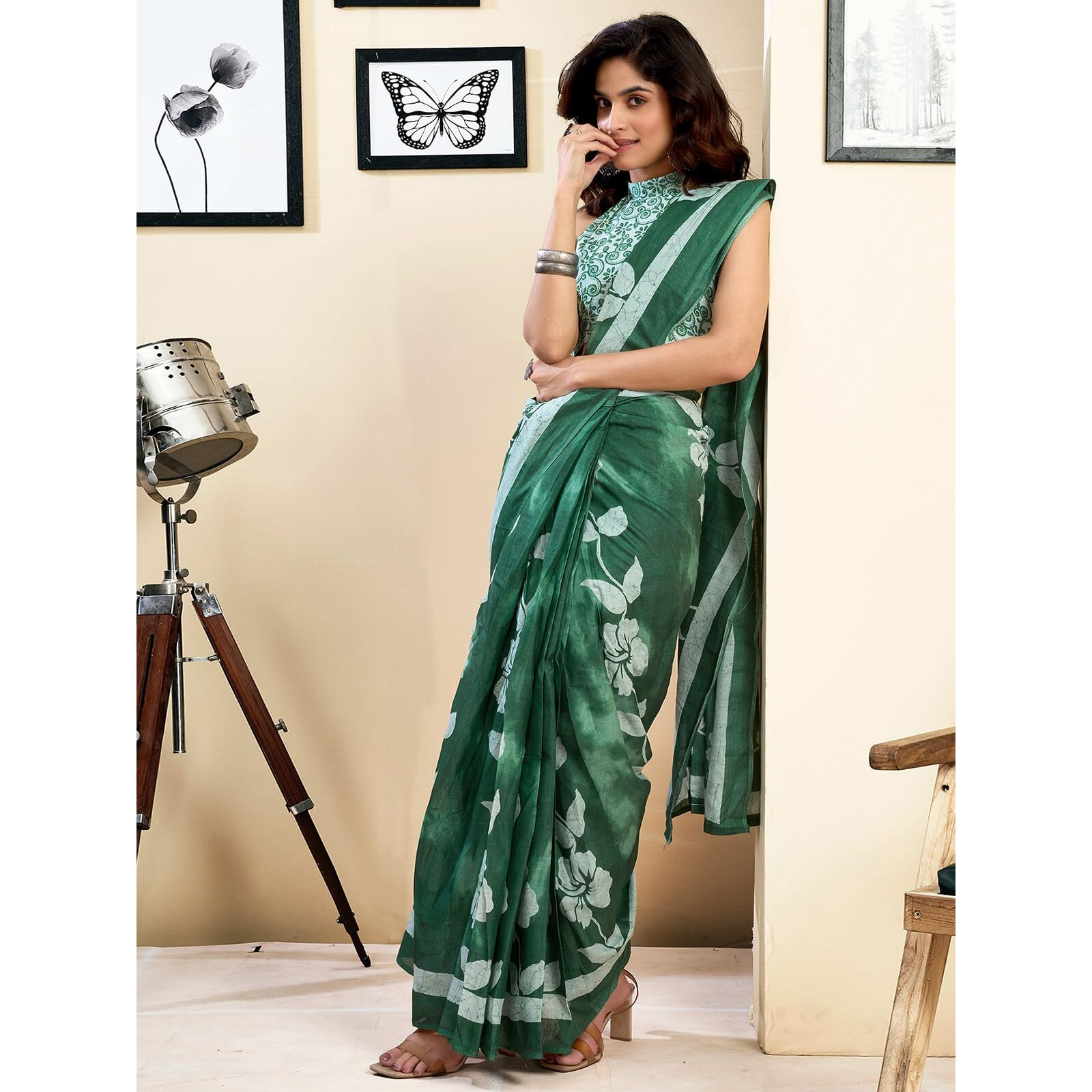 Satrani Women's Pure Cotton Printed Ready To Wear Saree With Pocket And Unstitched Blouse Piece (39Rs145_Green)