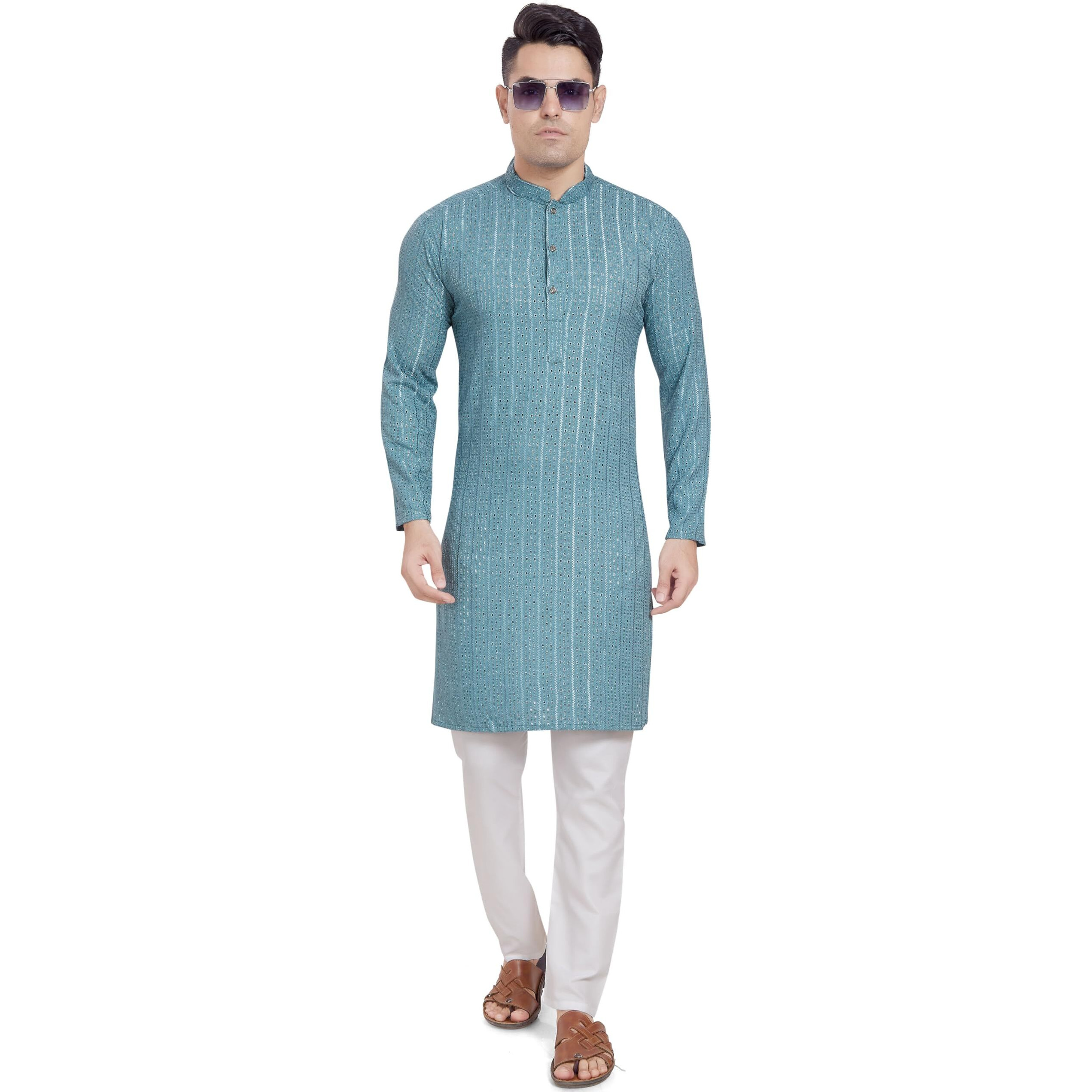 Divisive Men's Embroidered Cotton Blend Only Slim Fit Kurta (Dkrt379_M_Sky Blue)