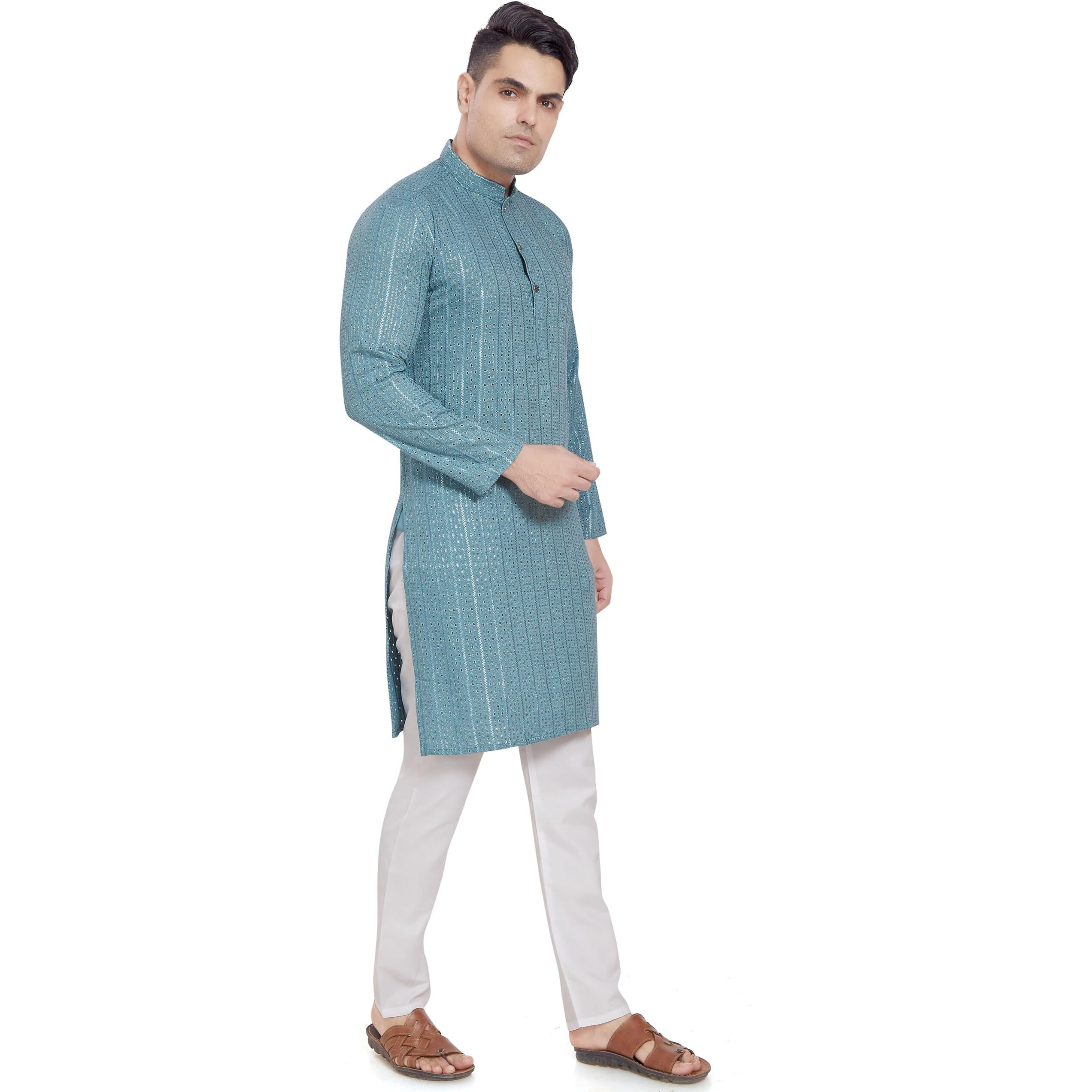 Divisive Men's Embroidered Cotton Blend Only Slim Fit Kurta (Dkrt379_M_Sky Blue)