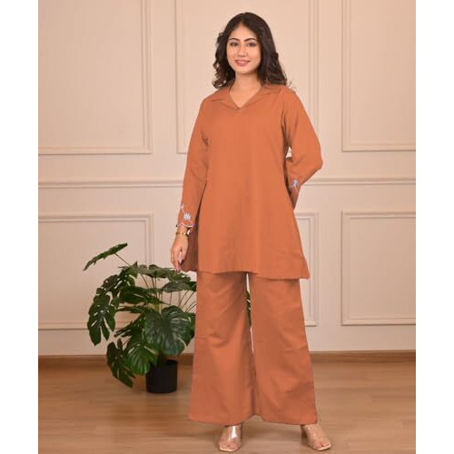 Shienzy Stylish Printed Cotton Blend Co Ord Set For Women || Casual & Festive Indo-Western Outfit || Kurta Pant Set (1666_Org_L) Orange