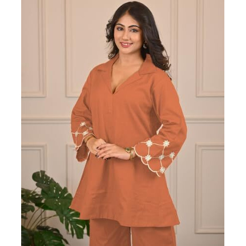 Shienzy Stylish Printed Cotton Blend Co Ord Set For Women || Casual & Festive Indo-Western Outfit || Kurta Pant Set (1666_Org_L) Orange