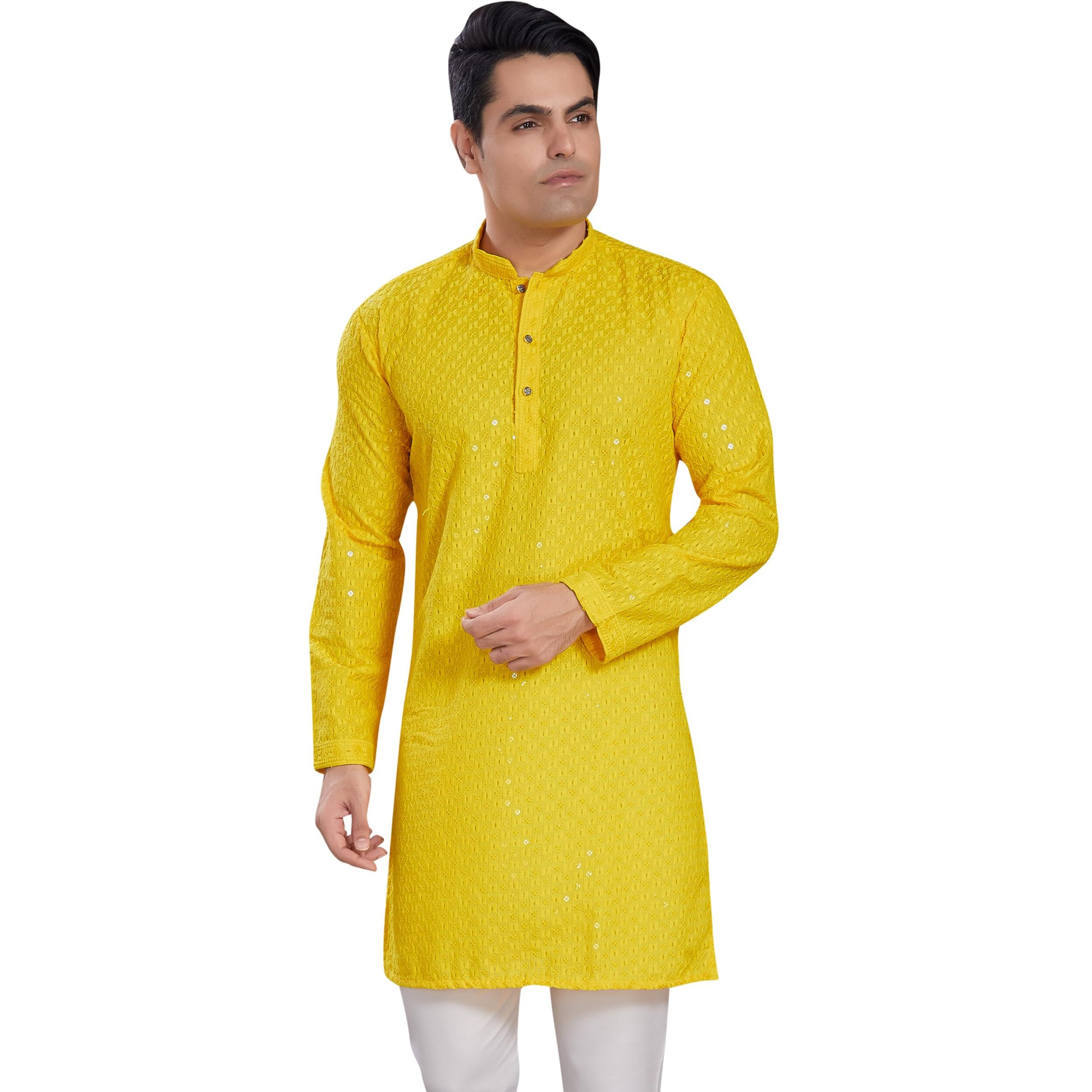 Divisive Men's Sequince Embroidered Cotton Blend Only Slim Fit Kurta (Dkrt551_S_Yellow)
