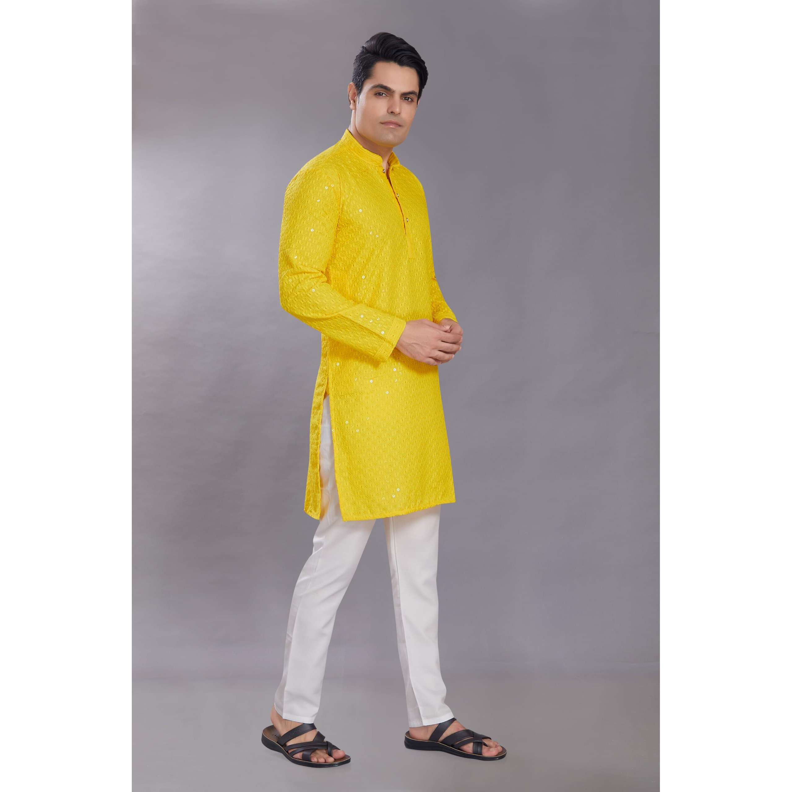 Divisive Men's Sequince Embroidered Cotton Blend Only Slim Fit Kurta (Dkrt551_S_Yellow)