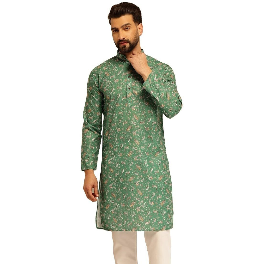 Sojanya (Since 1958 Men's Cotton Blend Printed Green Long Kurta