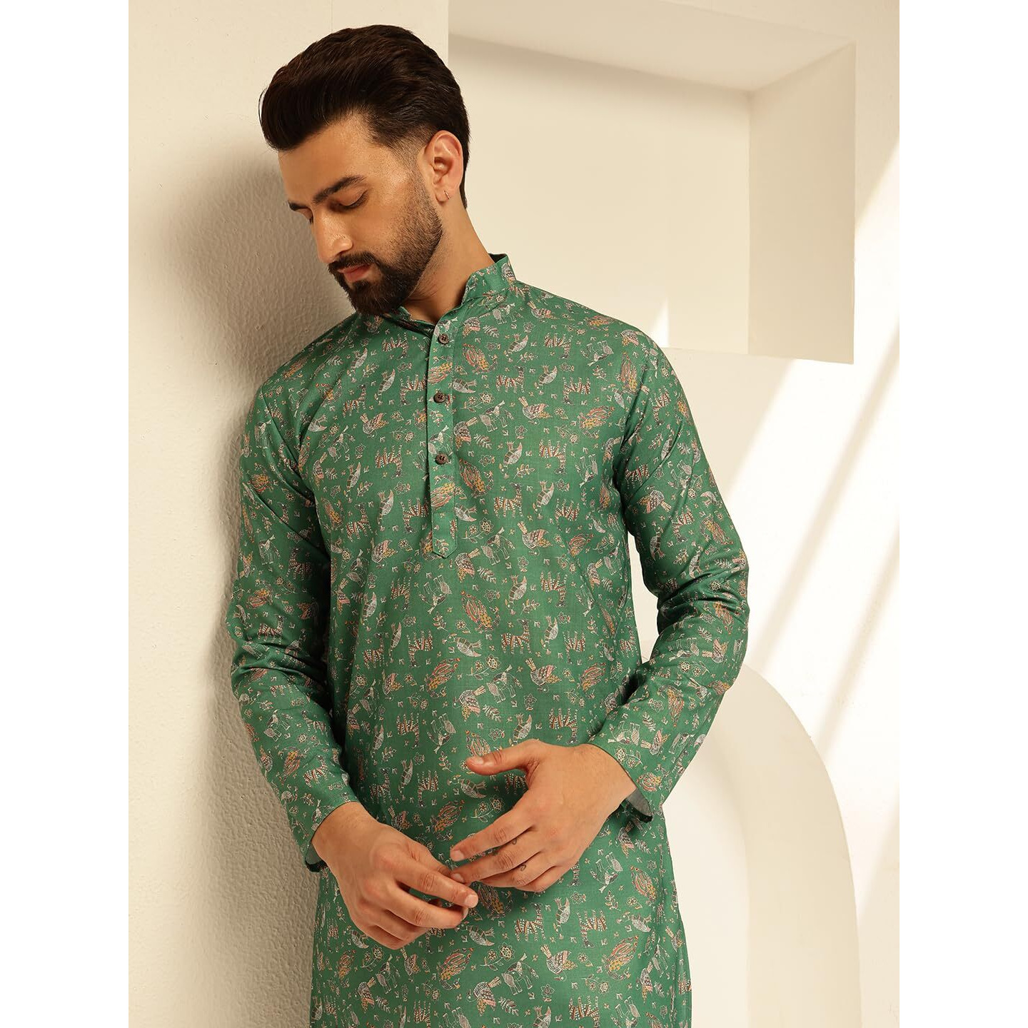 Sojanya (Since 1958 Men's Cotton Blend Printed Green Long Kurta
