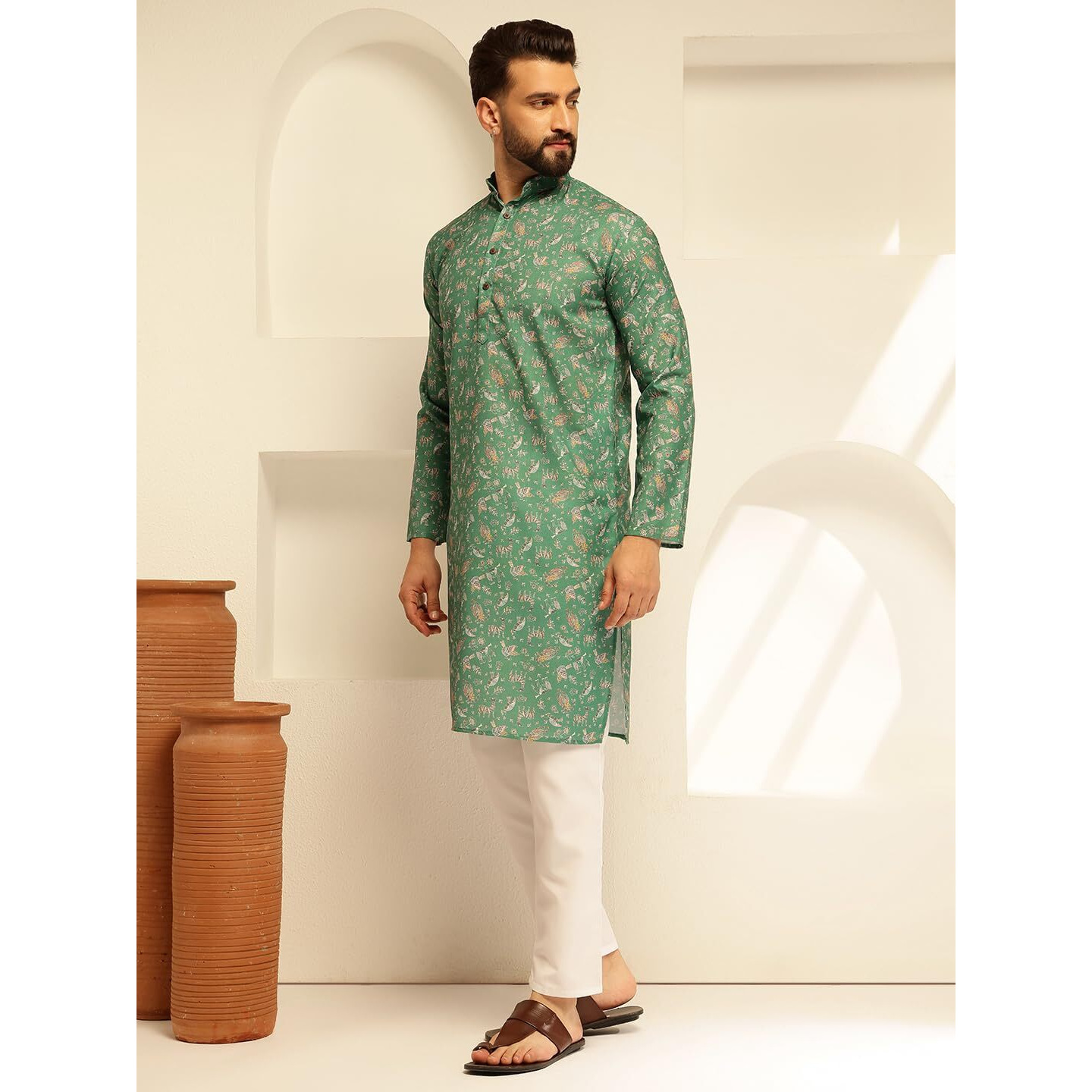 Sojanya (Since 1958 Men's Cotton Blend Printed Green Long Kurta