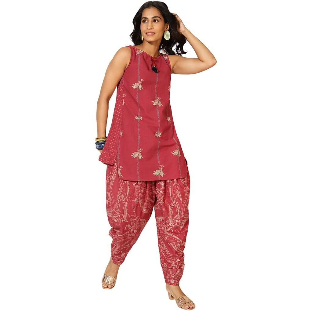 Fabindia Women's Cotton Floral Regular Kurta (102463301_Red