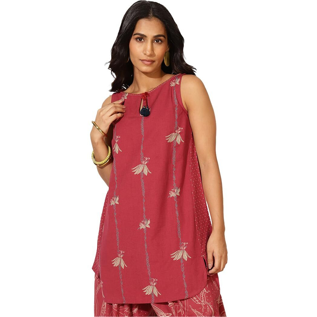 Fabindia Women's Cotton Floral Regular Kurta (102463301_Red