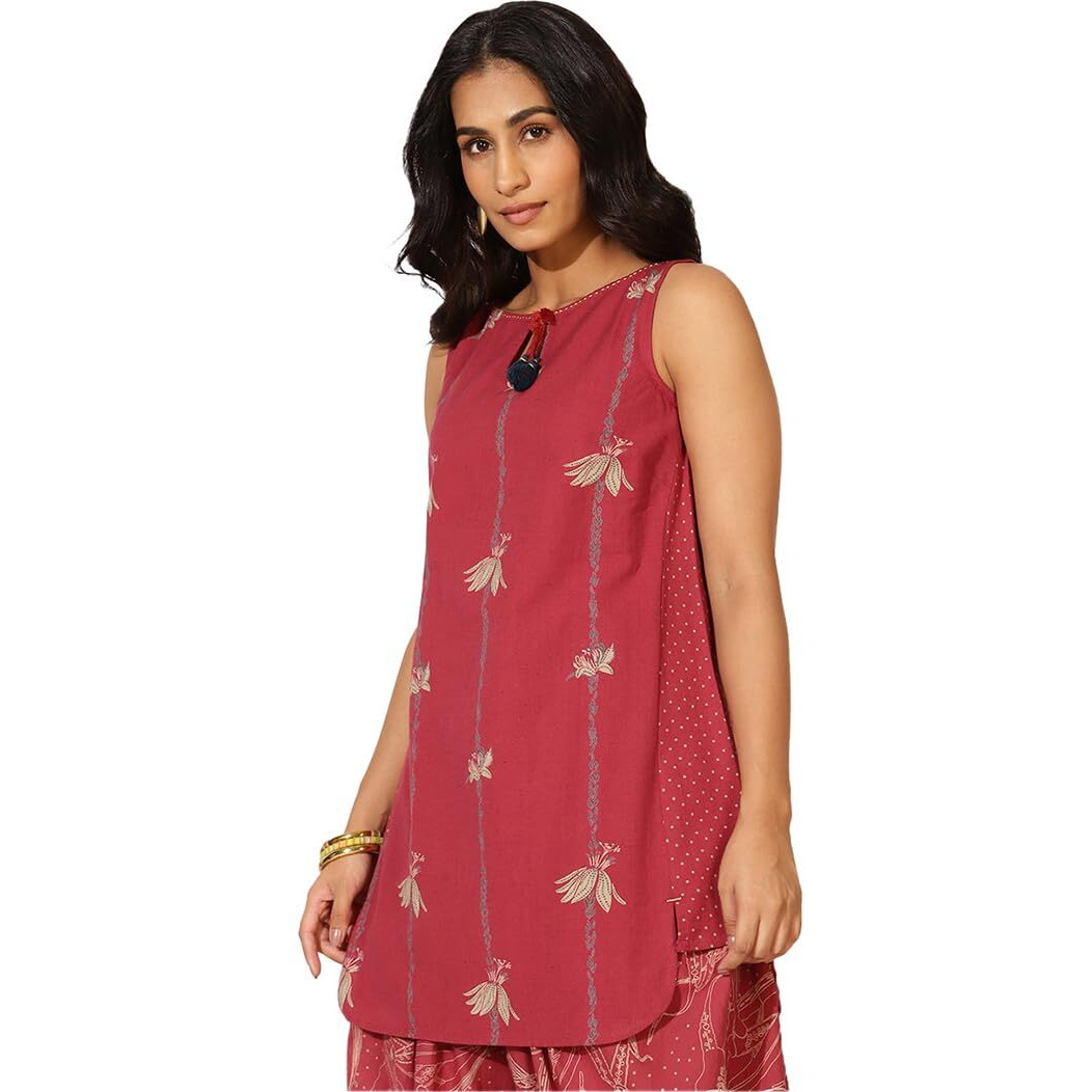 Fabindia Women's Cotton Floral Regular Kurta (102463301_Red