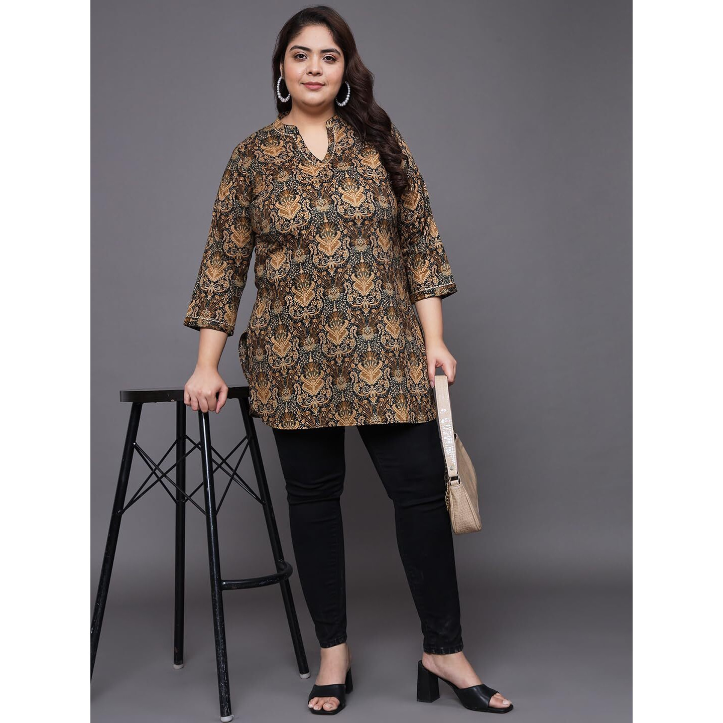 Tissu Women's Plus Size Brown Ethnic Motifs Printed Pure Cotton Kurti (2264_Brown_3Xl)