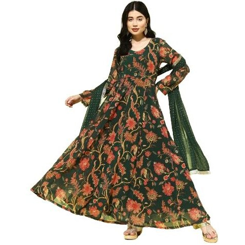 Varanga Women Green Floral Printed V-Neck Anarkali Kurta With Tonal Dotted Dupatta