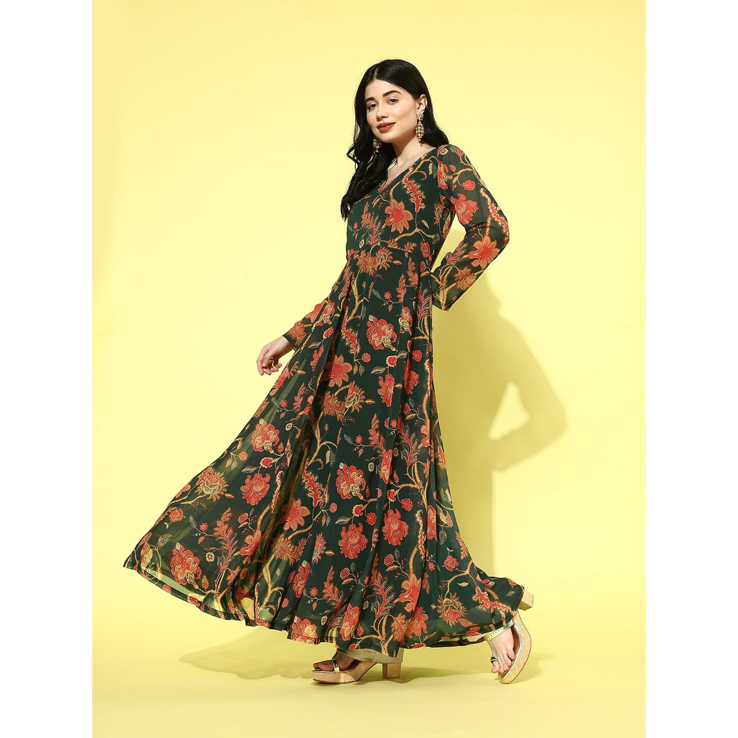 Varanga Women Green Floral Printed V-Neck Anarkali Kurta With Tonal Dotted Dupatta