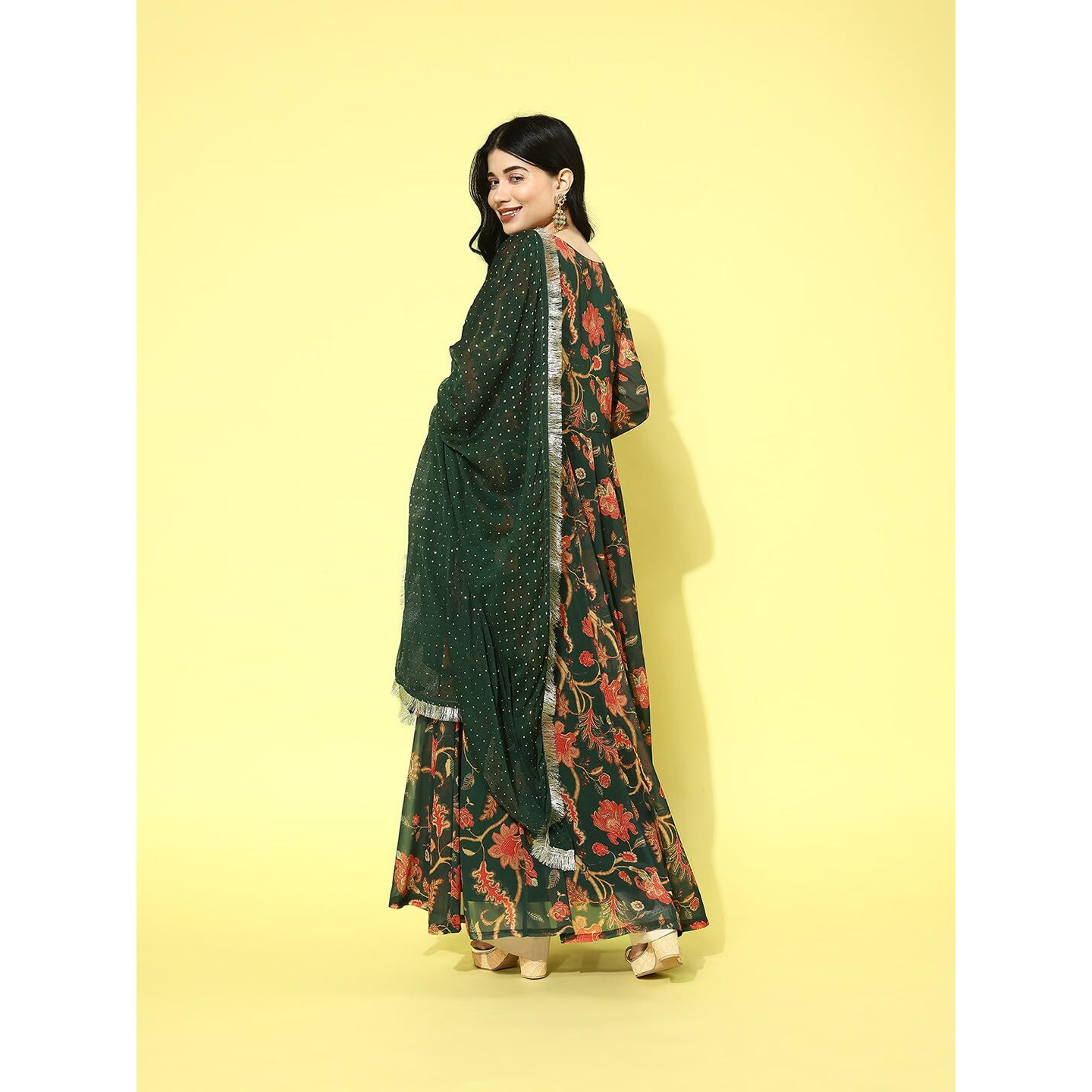 Varanga Women Green Floral Printed V-Neck Anarkali Kurta With Tonal Dotted Dupatta