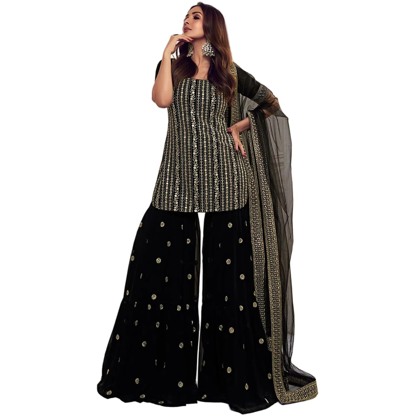 Fashion Basket Georgette Embroidered Kurta Set For Women Black