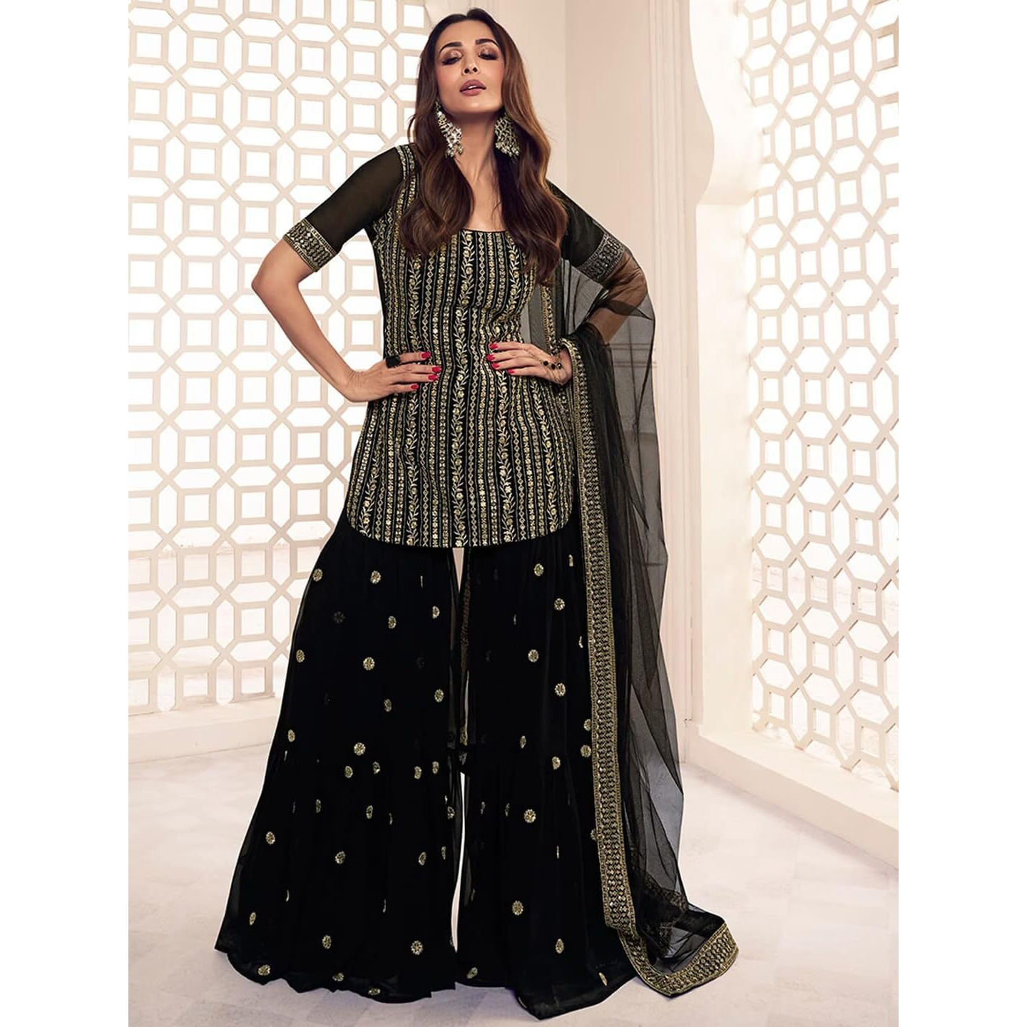 Fashion Basket Georgette Embroidered Kurta Set For Women Black
