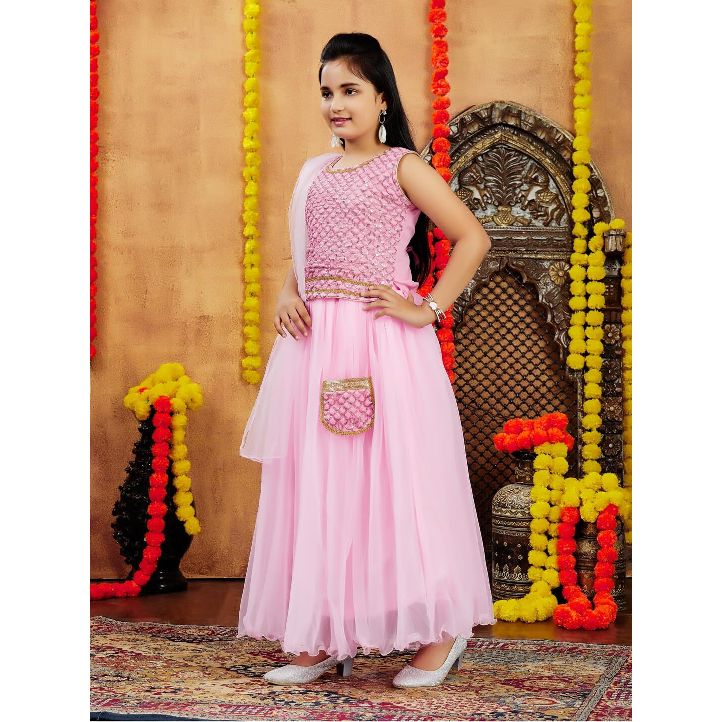 Aarika Girl's Polyester Lehenga Choli Set (Lch-18022_Pink_12-13 Years)