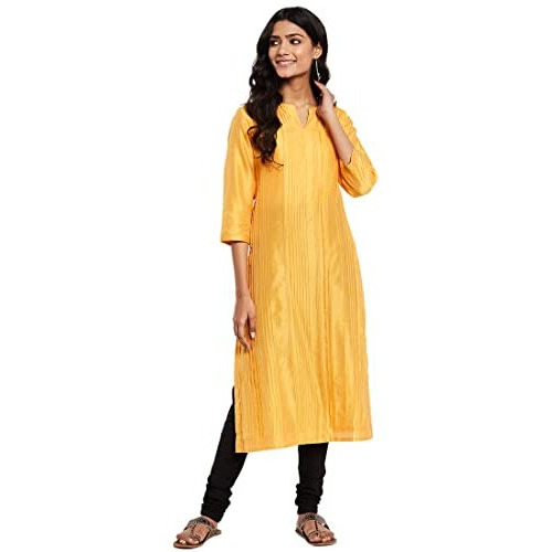 Fabindia Women Silk Textured Long Kurta Cotton_S Yellow