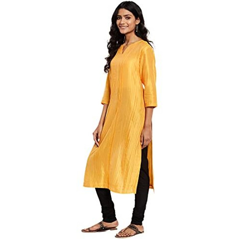 Fabindia Women Silk Textured Long Kurta Cotton_S Yellow