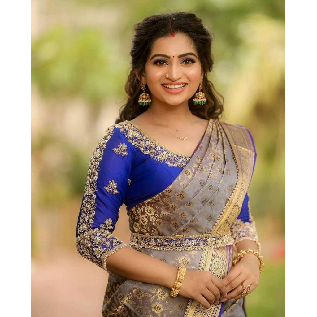 Flosive Women's Present Banarasi Soft Lichi Silk Saree Beautiful Jacquard Rich Pallu Design Work Zari Woven Ayn Kanjivaram Silk Style Saree With Soft Lichi Silk Blouse Piece (Royal Blue)