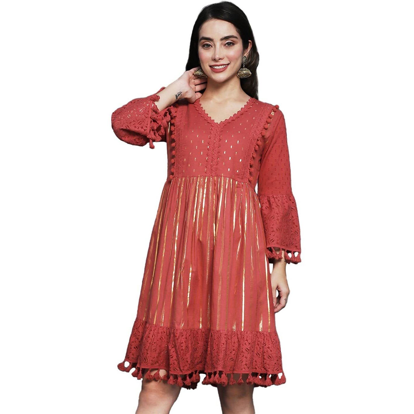 Ishin Women's Cotton A-Line Knee-Length Dresses (Inwdr0627_Mn_M_Maroon