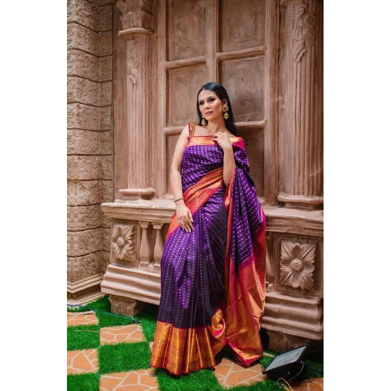 Flosive Women's Present Banarasi Soft Lichi Silk Saree Beautiful Jacquard Rich Pallu Design Work Zari Woven Kanjivaram Silk Style Saree With Soft Lichi Silk Blouse Piece Ayn Royal Mix (Purple).