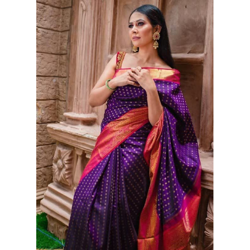 Flosive Women's Present Banarasi Soft Lichi Silk Saree Beautiful Jacquard Rich Pallu Design Work Zari Woven Kanjivaram Silk Style Saree With Soft Lichi Silk Blouse Piece Ayn Royal Mix (Purple).