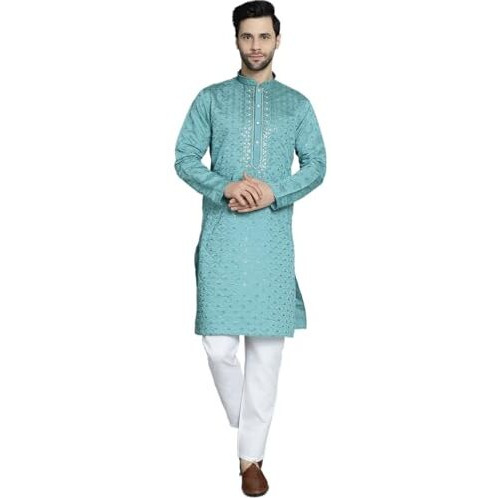 Jompers Men's Blue Sequins Embroidered Kurta With Pyjama. (Blue, M)