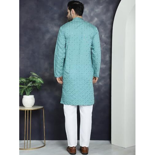 Jompers Men's Blue Sequins Embroidered Kurta With Pyjama. (Blue, M)