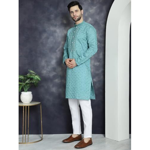 Jompers Men's Blue Sequins Embroidered Kurta With Pyjama. (Blue, M)