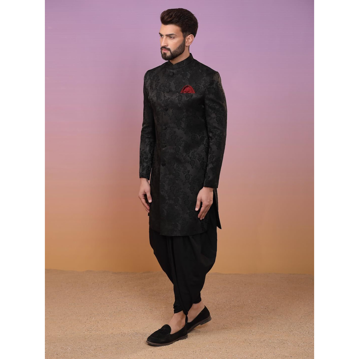 Kisah Men's Ethnic Wear Silk Blend Woven Design Regular Fit Dark Black Indo-Western Sherwani Set Indo-Western, 36