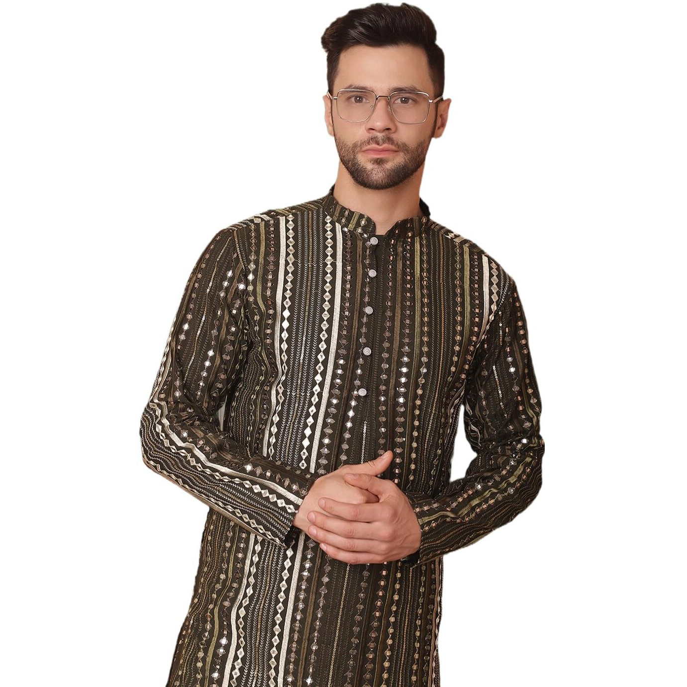 Jompers Men's Mehndi Mirror Work Kurta Only (Mehndi, S)