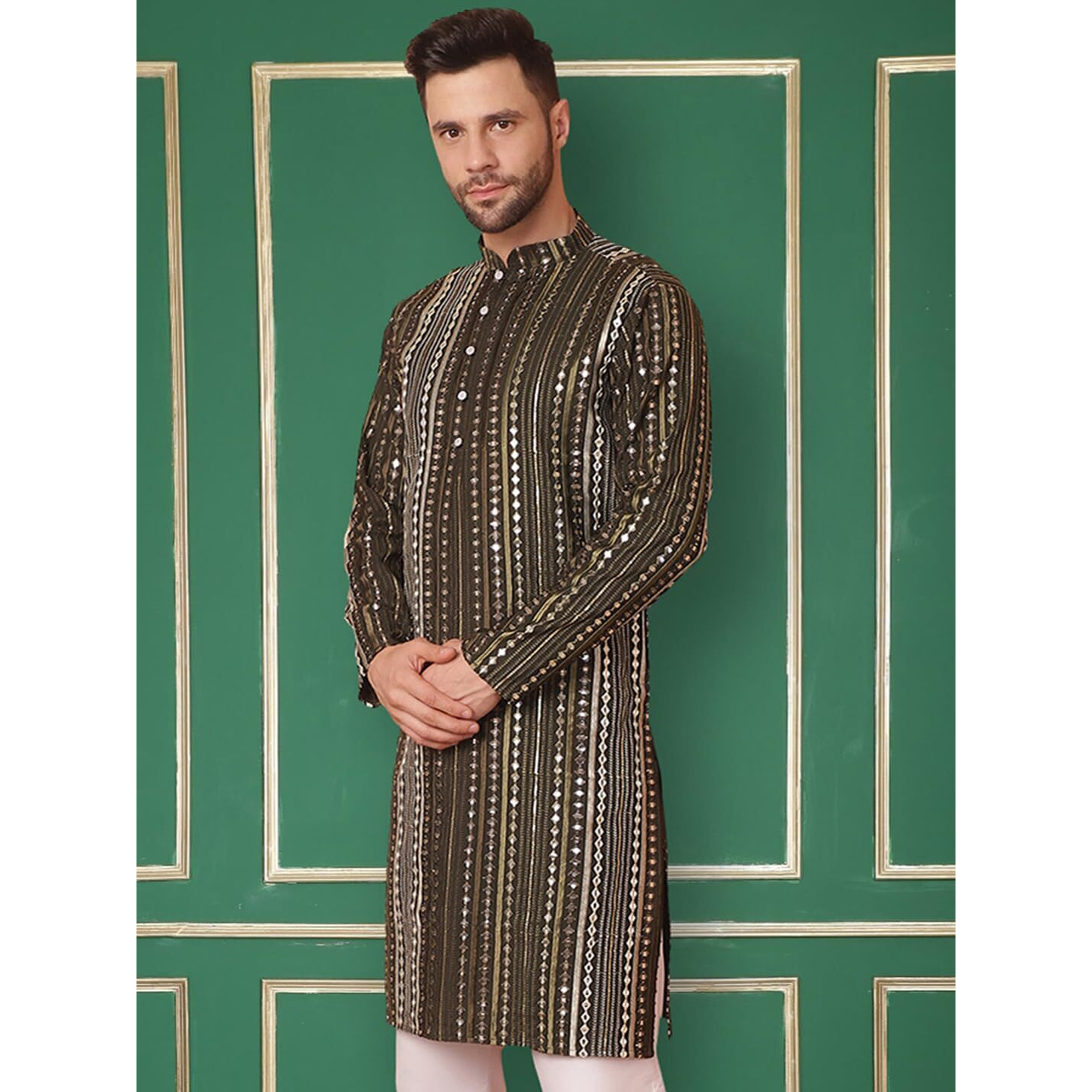 Jompers Men's Mehndi Mirror Work Kurta Only (Mehndi, S)