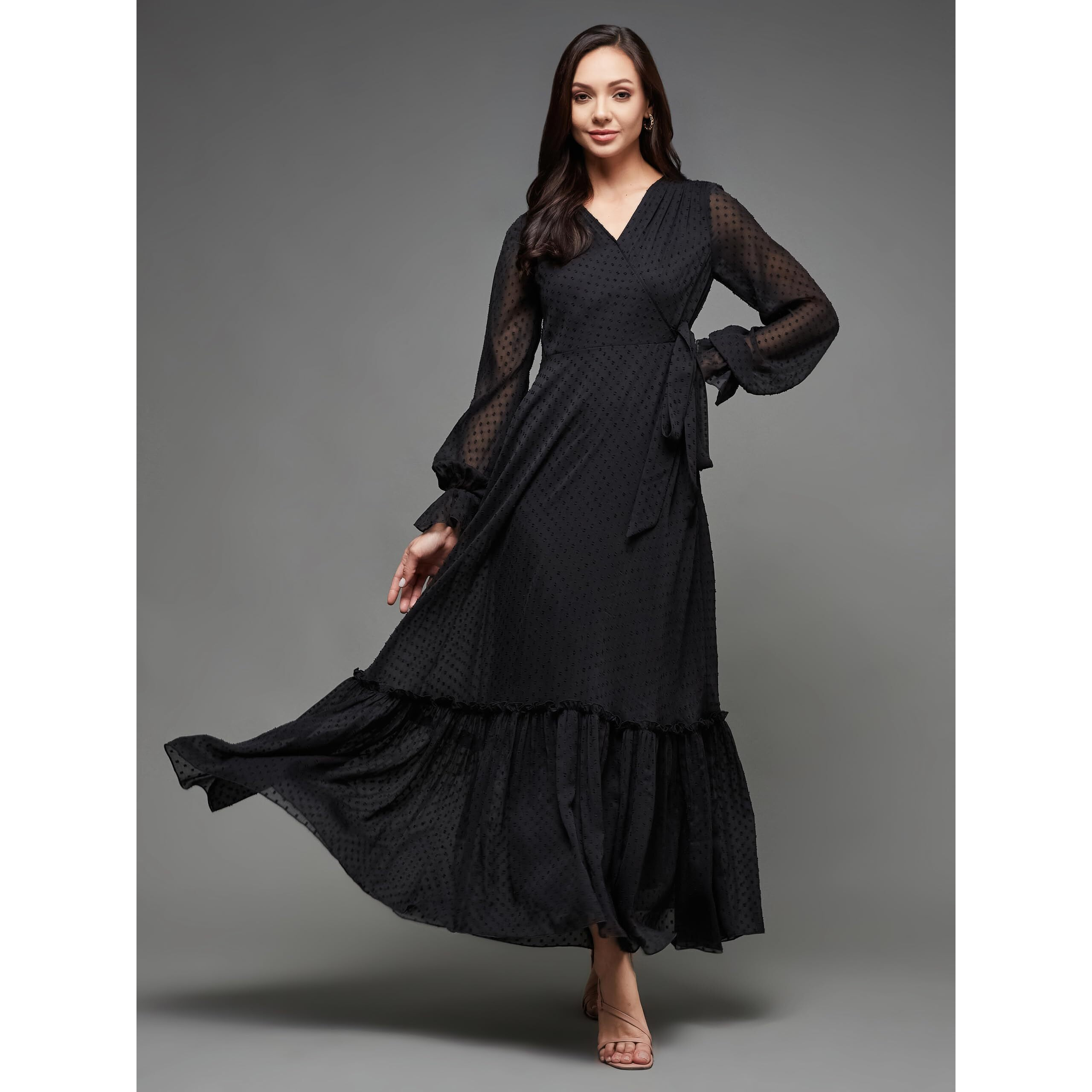 Miss Chase Women's Self Design V-Neck Bishop Sleeves Chiffon Wrap Maxi Dress With Pockets (Mcss23D16-36-62-03, Black, S)