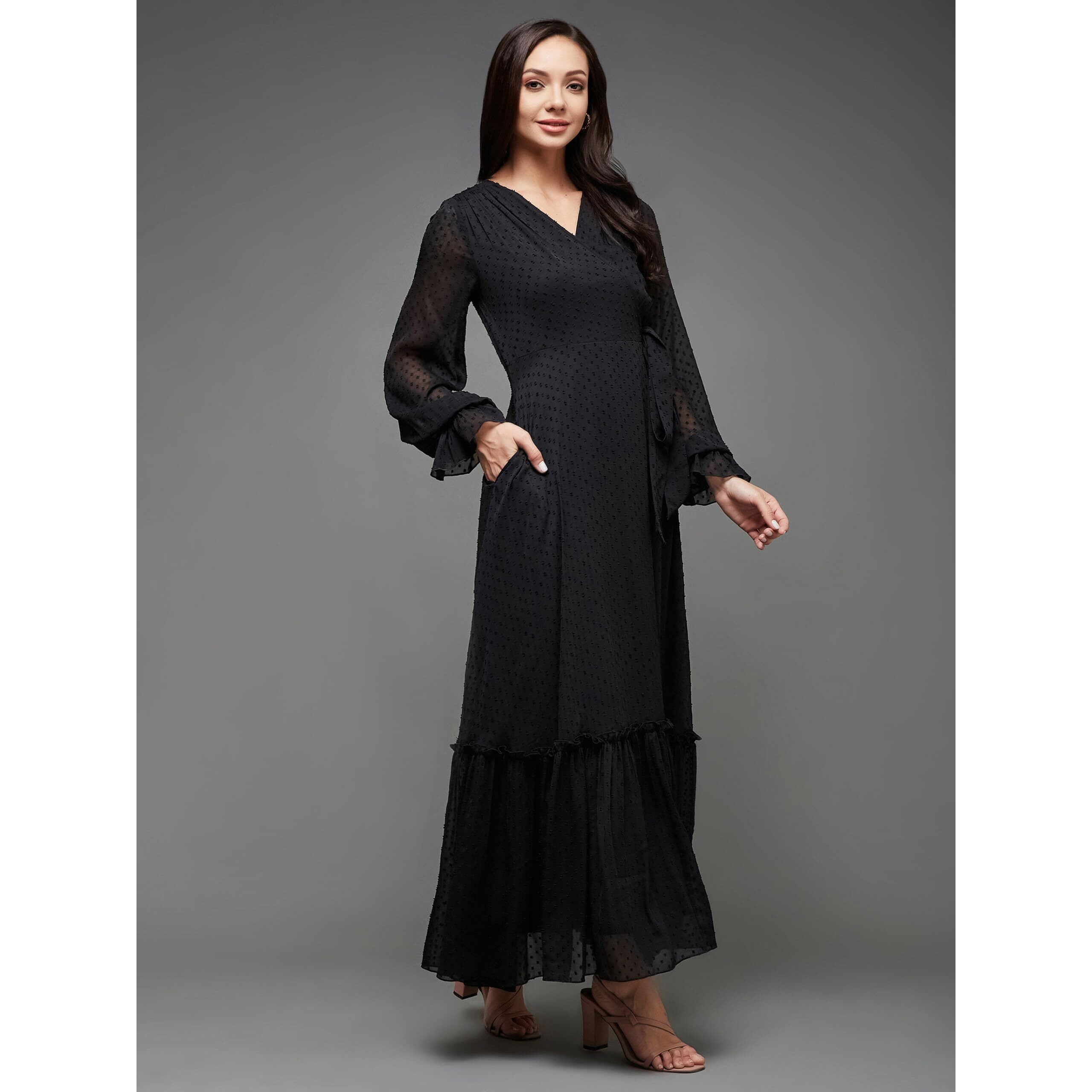 Miss Chase Women's Self Design V-Neck Bishop Sleeves Chiffon Wrap Maxi Dress With Pockets (Mcss23D16-36-62-03, Black, S)