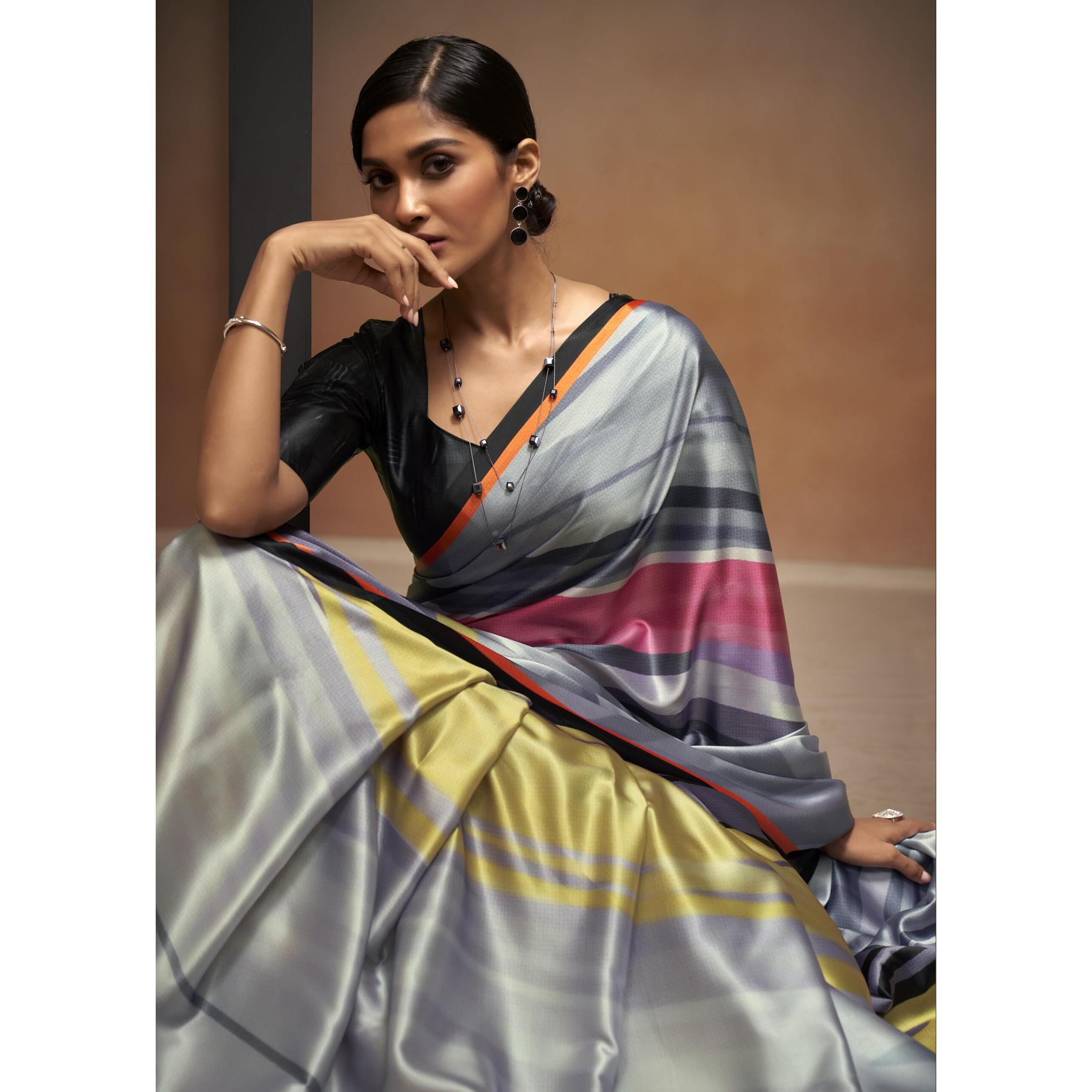 Pujia Mills Woman Digital Floral Print Satin Silk Saree Indian Ethnic Wear Simple Printed Saree With Unstitch Blouse Regular Printed Sadi Simple Digital Print Sadi White Saree