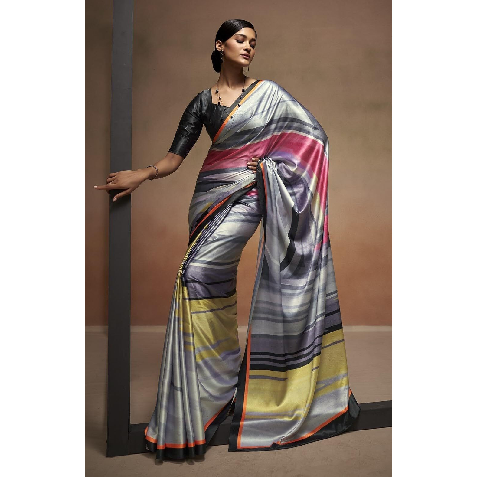 Pujia Mills Woman Digital Floral Print Satin Silk Saree Indian Ethnic Wear Simple Printed Saree With Unstitch Blouse Regular Printed Sadi Simple Digital Print Sadi White Saree
