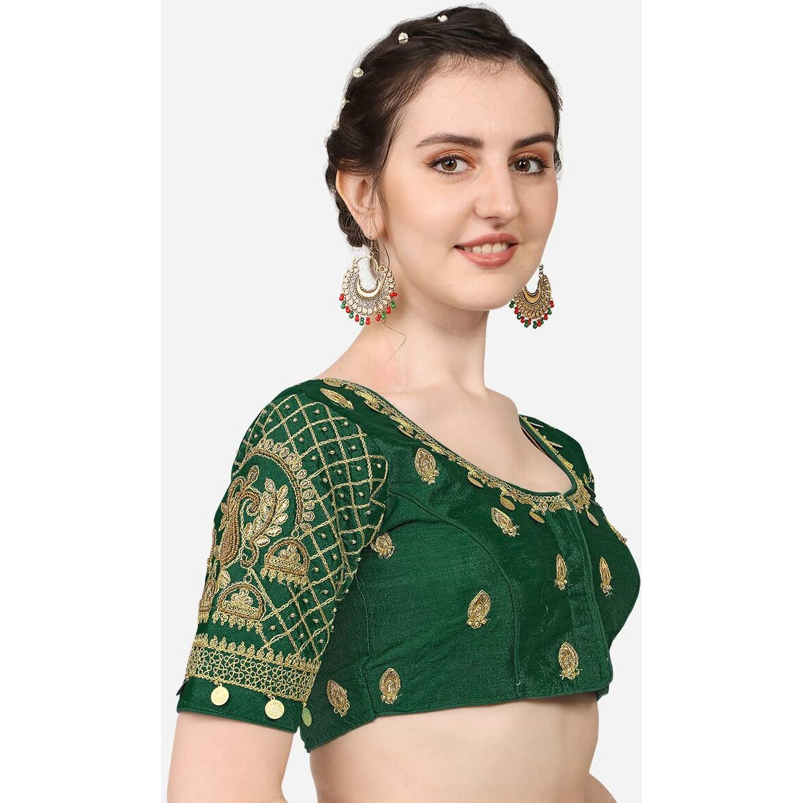 Pujia Mills Women's Phantom Silk Embroidery Maggam Work Readymade Blouse