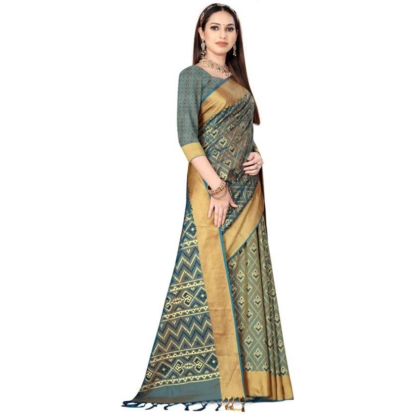 Greciilooks Womens Cotton Silk Ready Pleated Saree Saree For Women (Grey)
