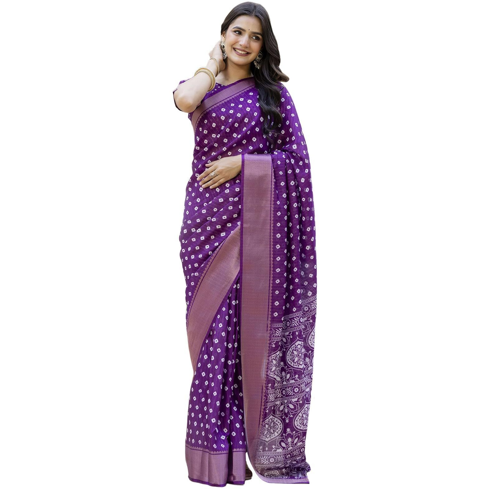 Satrani Women's Dola Silk Bandhani Printed & Woven Zari Stripe Ready To Wear Saree With Unstitched Blouse Piece (49Rs102_Purple)
