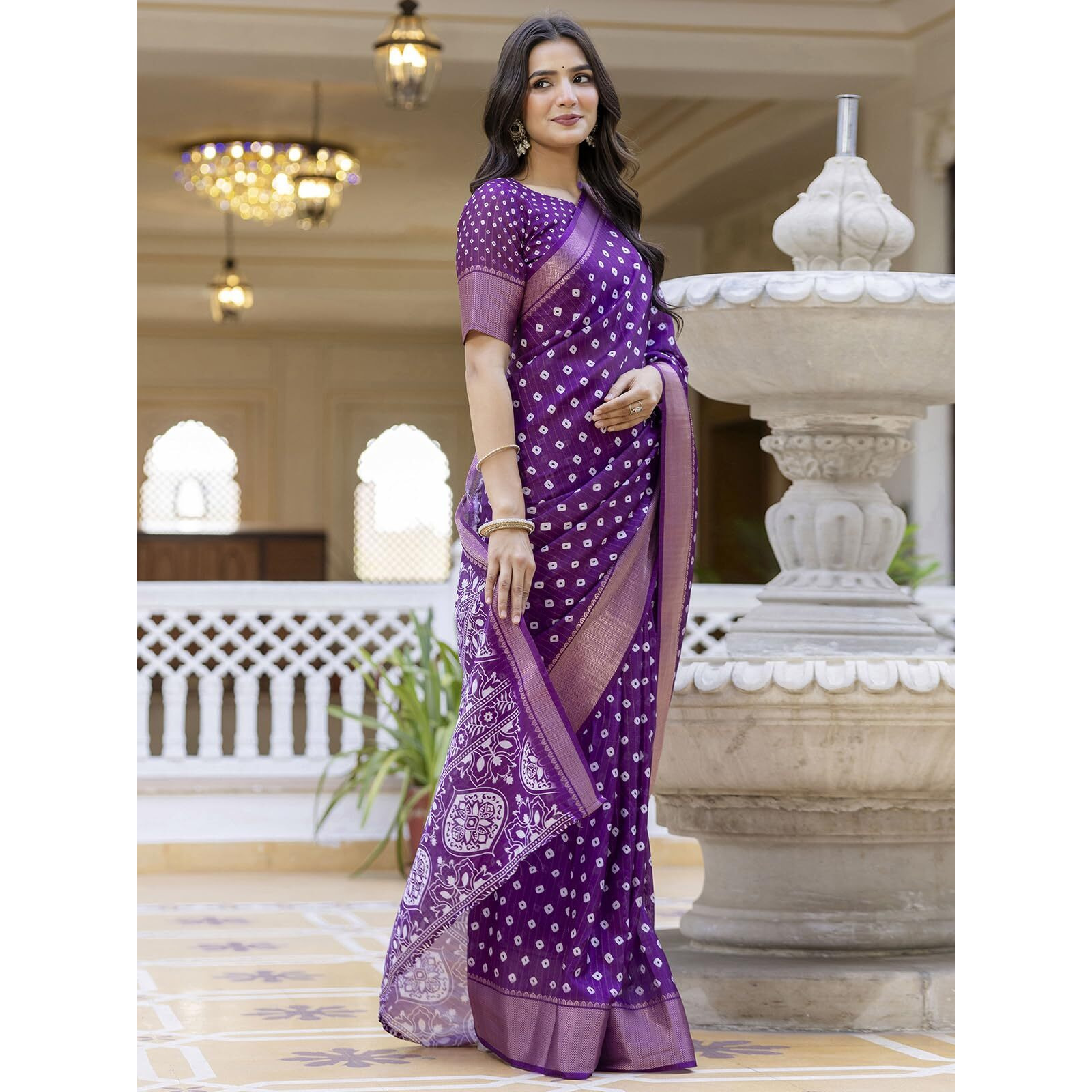 Satrani Women's Dola Silk Bandhani Printed & Woven Zari Stripe Ready To Wear Saree With Unstitched Blouse Piece (49Rs102_Purple)