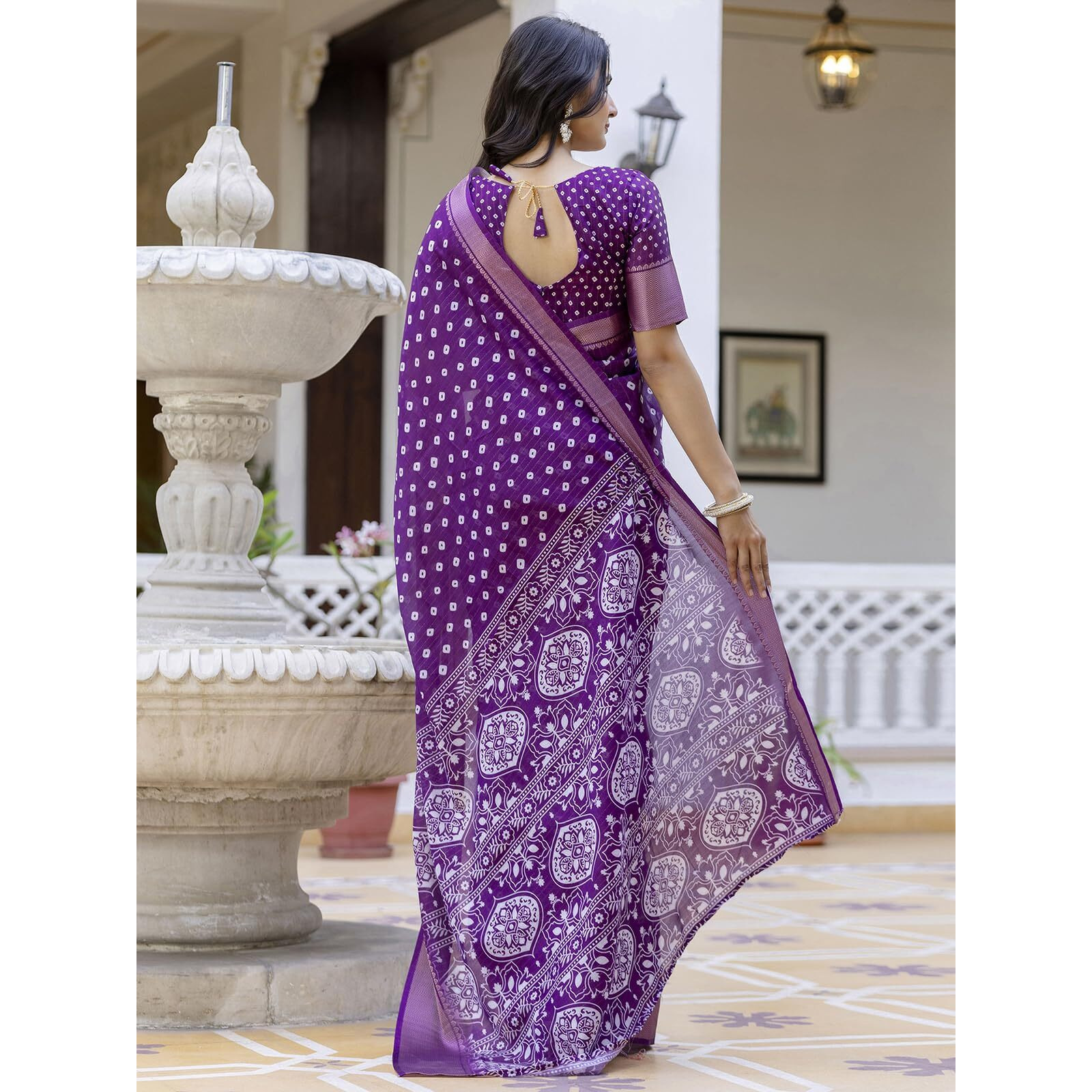 Satrani Women's Dola Silk Bandhani Printed & Woven Zari Stripe Ready To Wear Saree With Unstitched Blouse Piece (49Rs102_Purple)