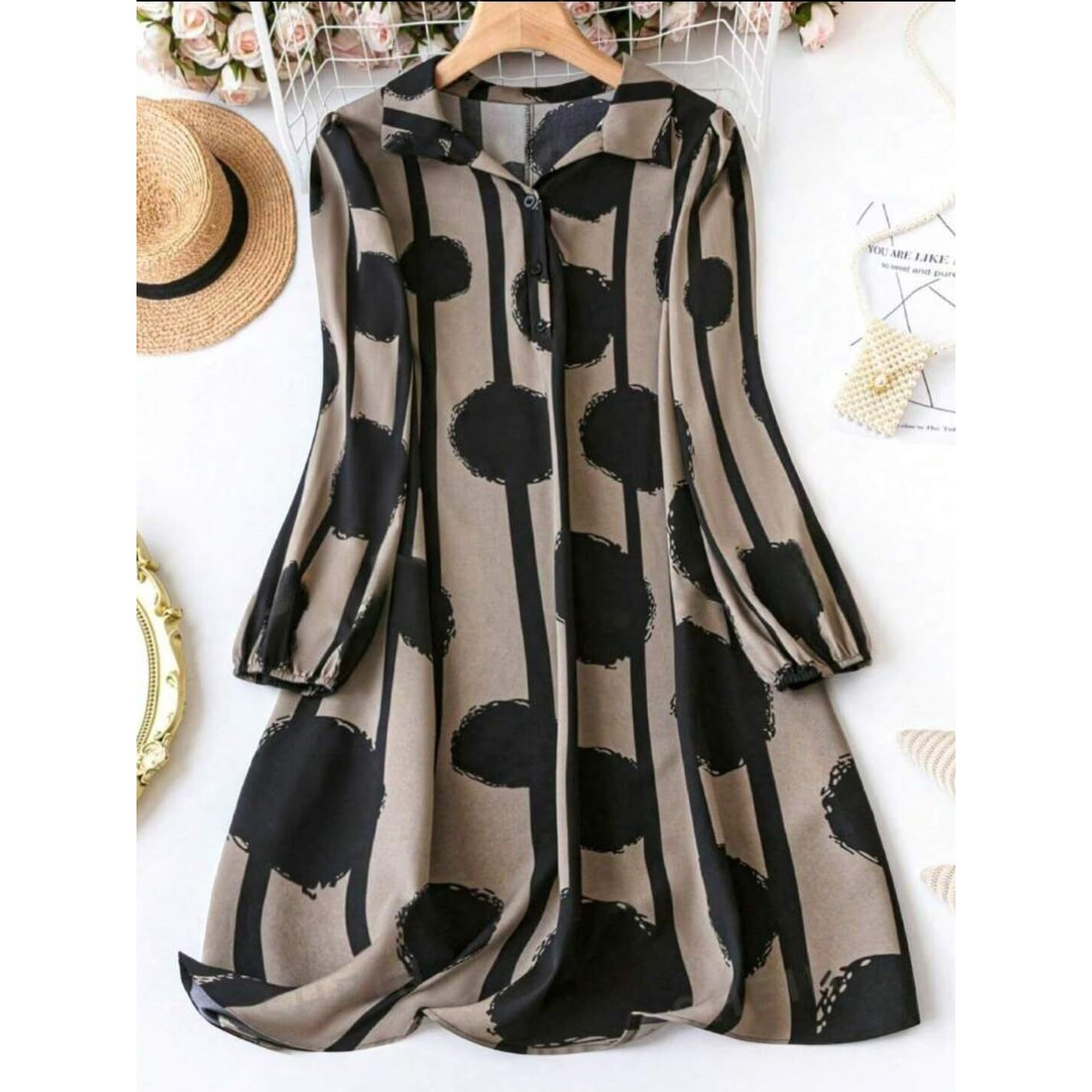 Gufrina Women's Full Sleeve Collar Neck Dress - Elegant Button-Down Midi Dress With Abstract Print (Black Xl)