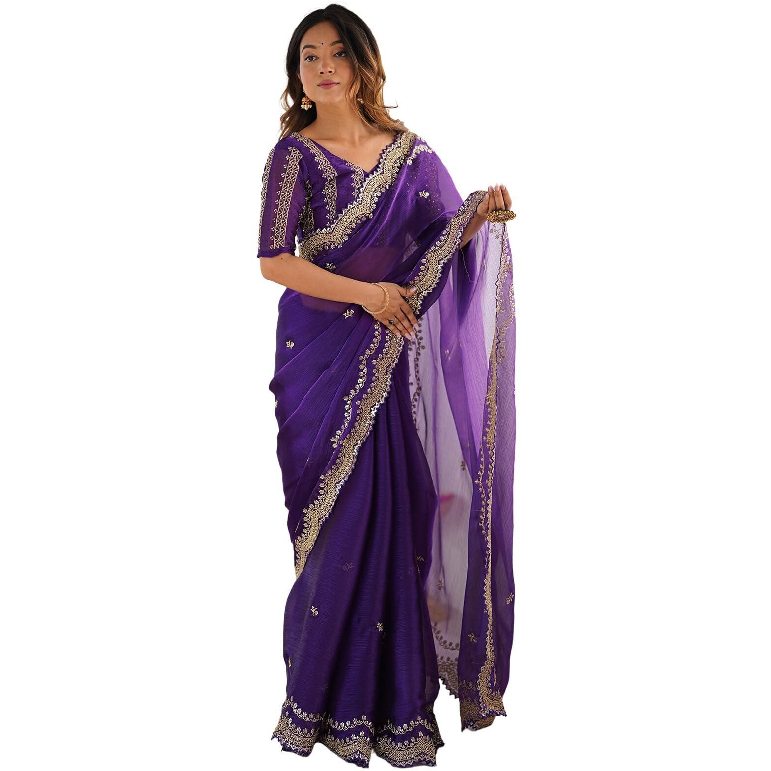Satrani Women's Shimmer Chiffon Sequins Embroidery Scalloped Border Jimmy Choo Saree With Unstitched Blouse Piece (4317S167N_Purple)