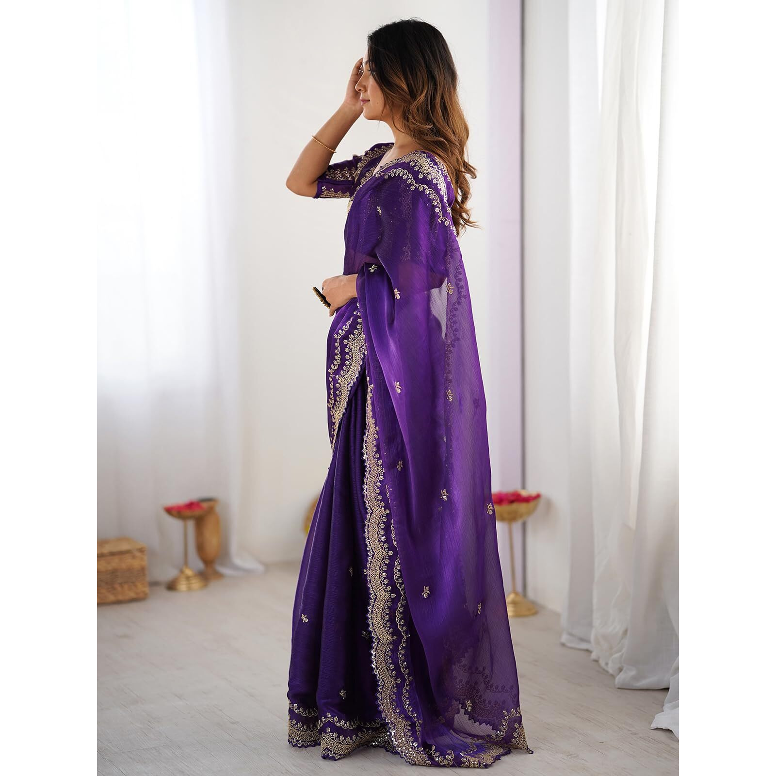 Satrani Women's Shimmer Chiffon Sequins Embroidery Scalloped Border Jimmy Choo Saree With Unstitched Blouse Piece (4317S167N_Purple)