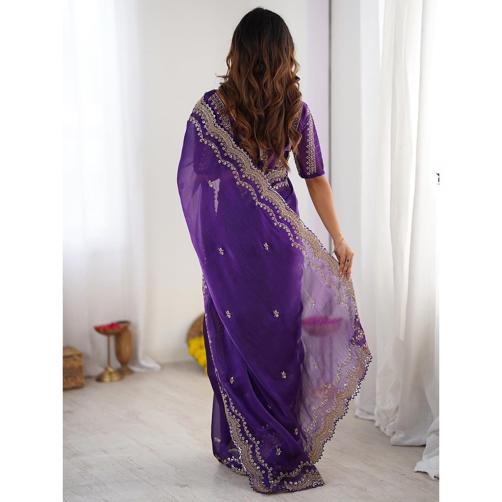 Satrani Women's Shimmer Chiffon Sequins Embroidery Scalloped Border Jimmy Choo Saree With Unstitched Blouse Piece (4317S167N_Purple)