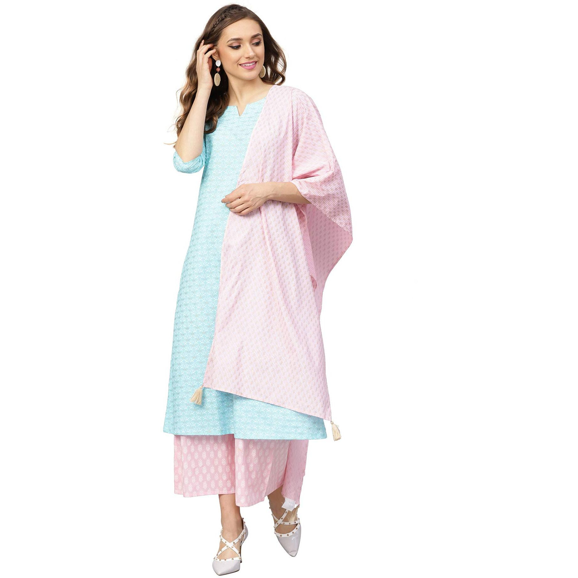 Idalia Women's Baby Pink And Sky Blue Khari Gold Printed Cotton Kurta Set With Pant And Dupatta