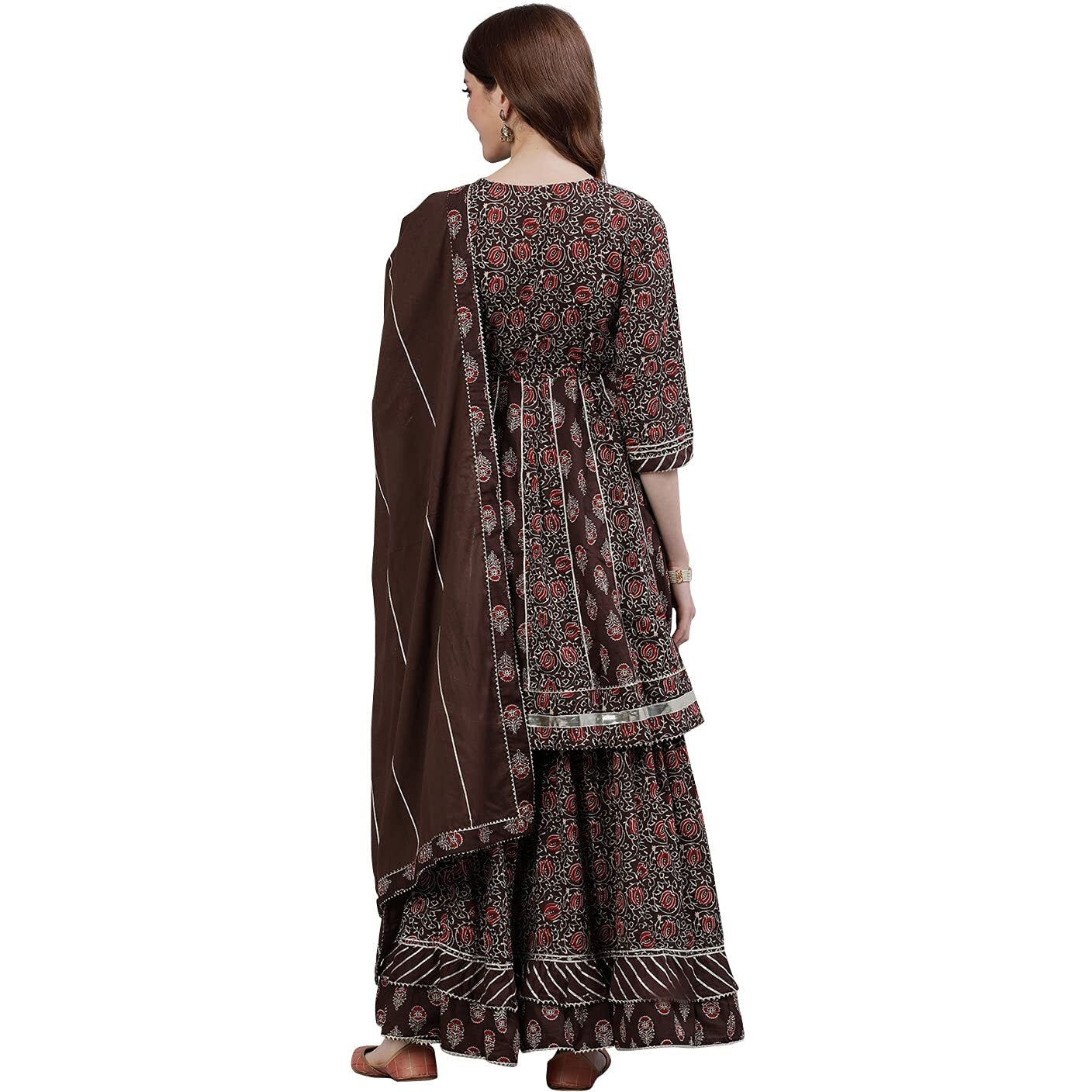Ishin Women's Pure Cotton Brown Embroidered A-Line Kurta Suit Set With Dupatta & Sharara Kpldytaw-10000_Xxl_Brown