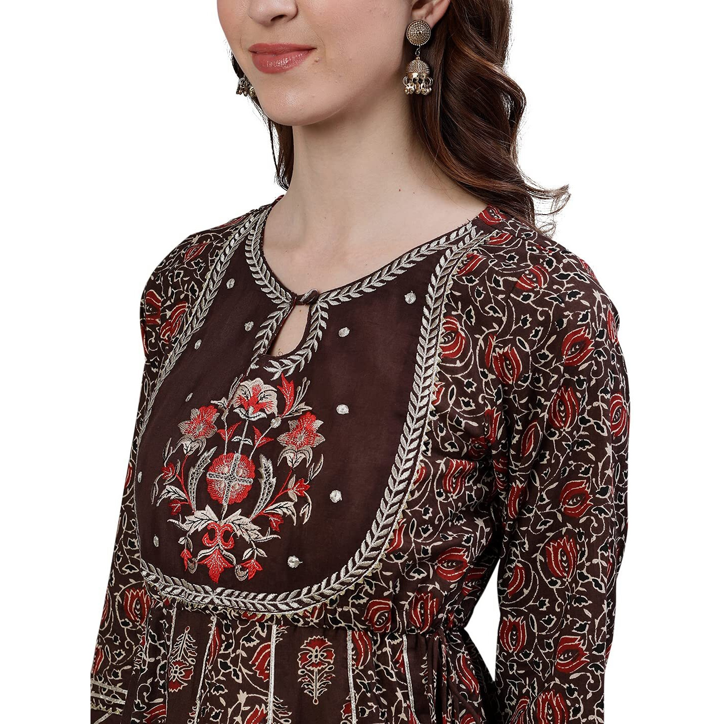 Ishin Women's Pure Cotton Brown Embroidered A-Line Kurta Suit Set With Dupatta & Sharara Kpldytaw-10000_Xxl_Brown
